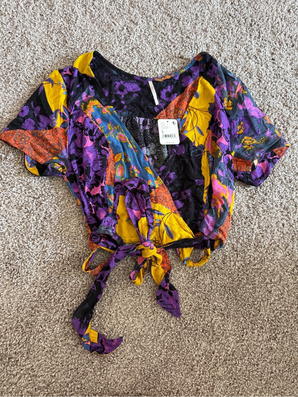 Free People Floral Tie-Front Crop Top - Purple, Yellow & Black